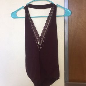 maroon halter style bodysuit
